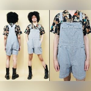 VTG90s Hickory Stripe Cotton Denim  Overall Jean Shorts Jumper Train Conductor M